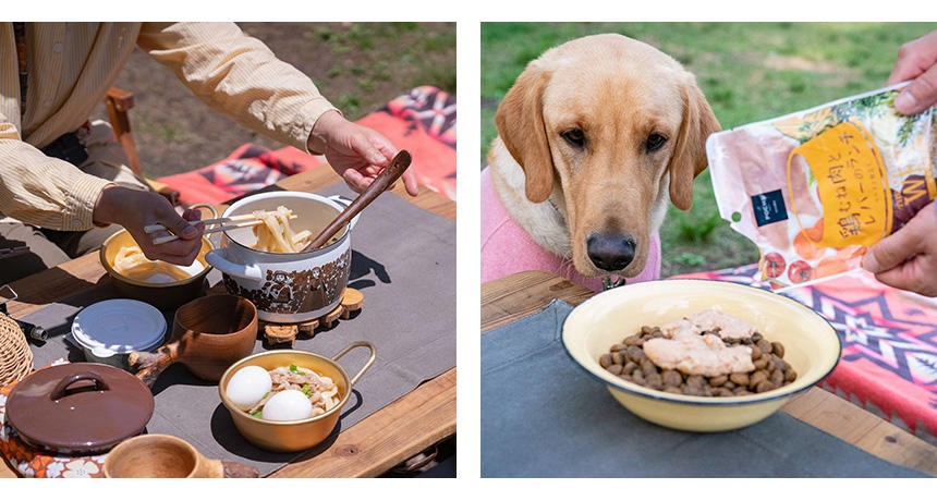 ごはんは下ごしらえをしておいて、温めるだけ、焼くだけなどにすると楽。大きな犬のトッピングも、小分けで衛生的なレトルトパウチなどを最大限に活用しましょう