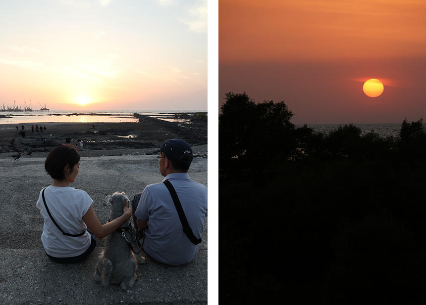 アラビア海と美しい夕陽を前に、のんびり一休み