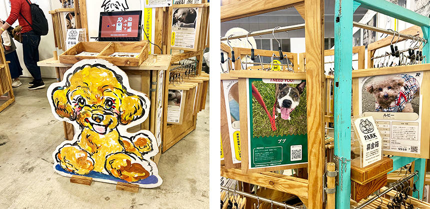 生体のいない新たな犬猫譲渡会ADOPRION PARKのブース。新しい家族との縁を待つ保護犬のパネルには、保護団体と詳細のQRコードがあります