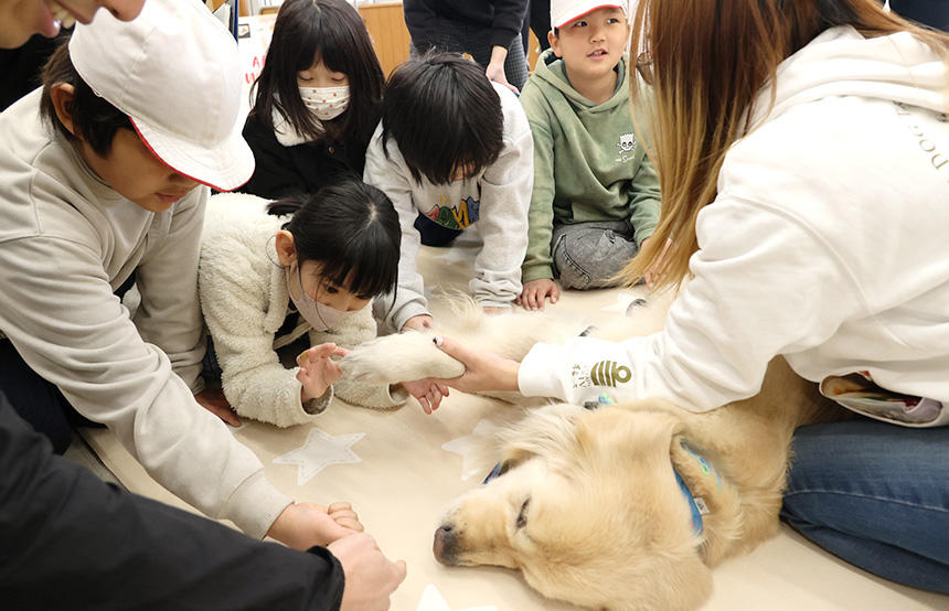 犬と暮らしている児童のほうが少なく、犬の身体にも興味津々