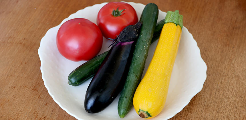 旬の野菜は、人間や犬にその季節に合った役割を果たします。写真の夏野菜のうち、大きな犬に与える場合キュウリ以外は煮るなど火をとおしましょう