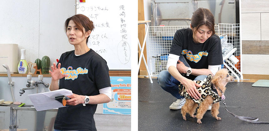 シニア犬パーティー担当の鈴木トレーナー。5歳のゴールデンレトリーバーとイングリッシュ・コッカー・スパニエルのミックス犬と暮らしています