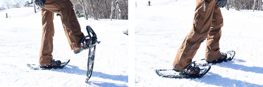 左：足を上げすぎると、スノーシューのかかと側が雪にひっかかりやすい。右：すり足気味に歩けばひっかかりません