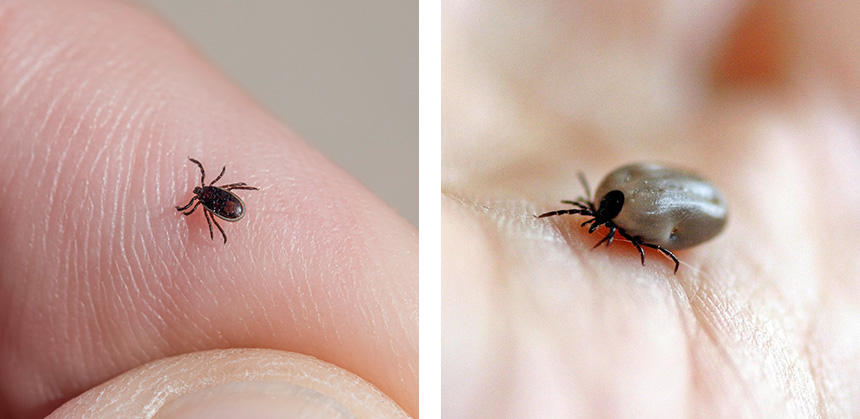 吸血前のマダニは3～8mm、吸血後（右）は10～20mmほどになります。満腹になると自分から離れますが、それまでに数時間～数日かかることも