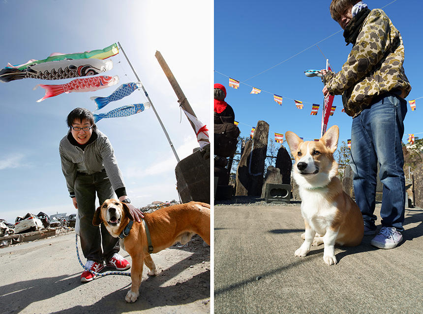 （左）被災地の鯉のぼりのたもとで出会った犬と、近くの実家に帰省中だった男性＝2011年5月2日撮影（右）同じ場所で13年後に出会ったコーギーの「まっちゃ」と、復興後に近くに移り住んできた飼い主さん＝2024年2月17日撮影