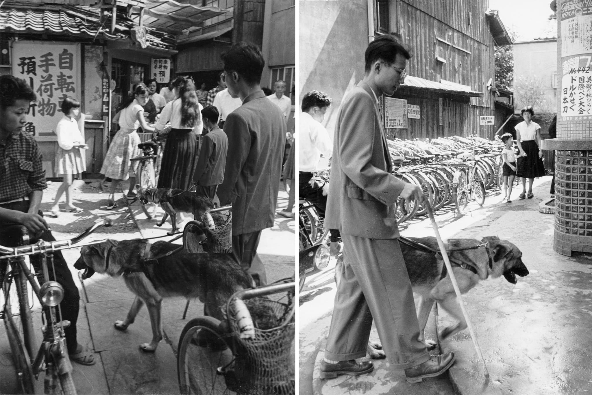 彦根駅前付近と思われる街角を歩く河相さんとチャンピイ（1957年ごろ）