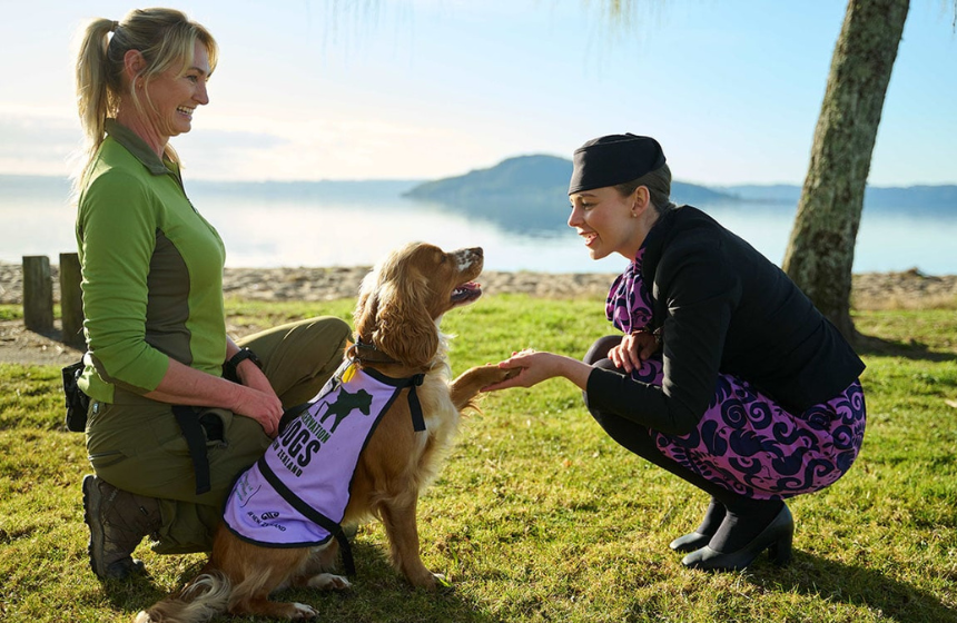 ニュージーランド航空は環境保護犬プログラムのパートナー。ハンドラーと犬を保護区へ無料で輸送したり、トレーニングへの資金援助を行うなど、活動に協力しています。（Photo: Air New Zealand）