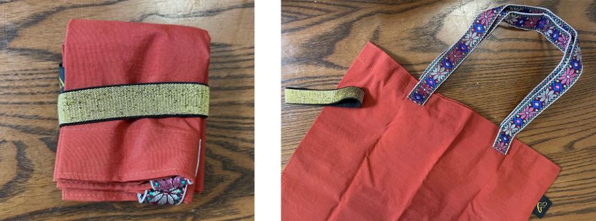 アイメイト後援会手作りのエコバック。小さくまとめられるゴム付きで、パターン色違いのものが複数ありました。