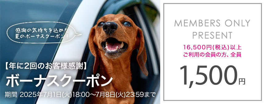 【※終了】7/8(火)23:59まで【メンバー限定】年に2回のお客様感謝《夏のボーナスクーポン第1弾》1500円