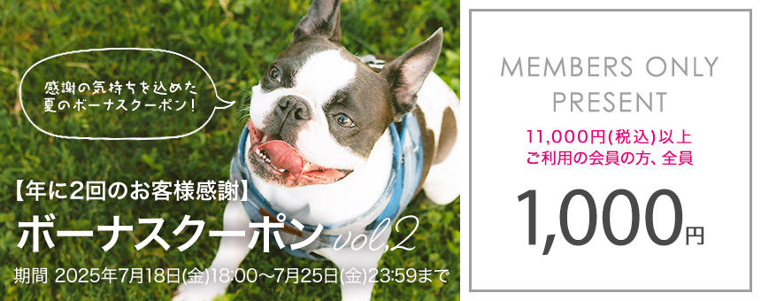 7/25(金)23:59まで【メンバー限定】年に2回のお客様感謝《夏のボーナスクーポン第2弾》1000円