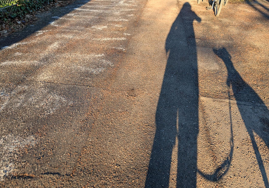 歩道の左側に白くまかれているのが塩化カルシウムの凍結防止剤。