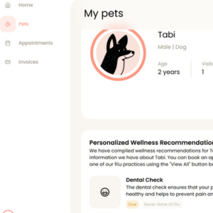 現在通っている動物病院のウェブサイト内のマイページ。タビィのプロフィール、予約管理、インボイス、今後受けたほうがよい処置や検査などが掲載されています。
