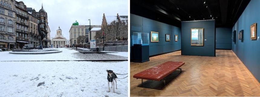 写真左：滞在2日目、ブリュッセル市内にも雪が少し積もりました。／写真左：マルグリット美術館は観光客に人気ですが、、この日は来館者が少なく、ひとりで展示室を独占できる贅沢な時間もありました。